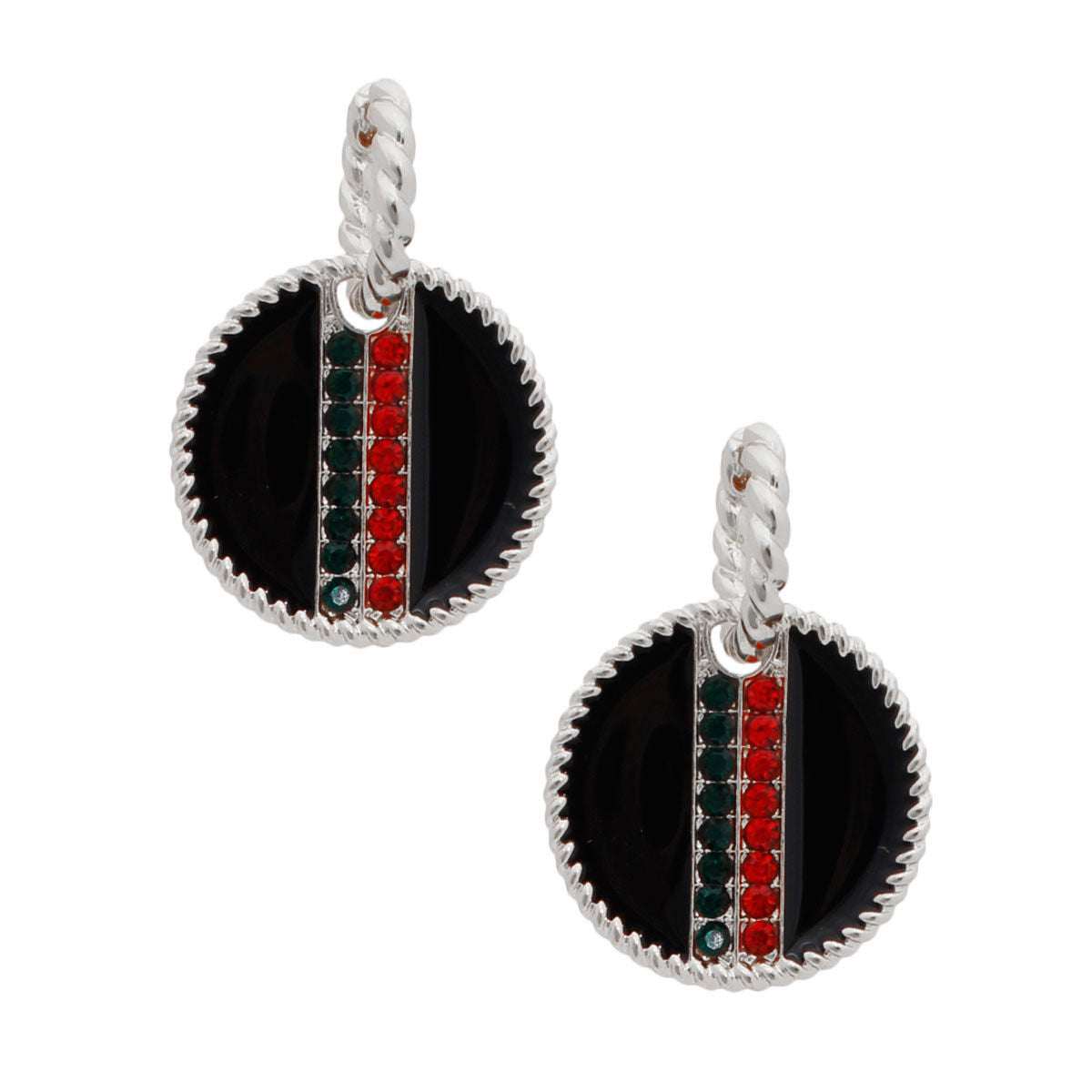 Black Stripe Charm Twisted Silver Hoops