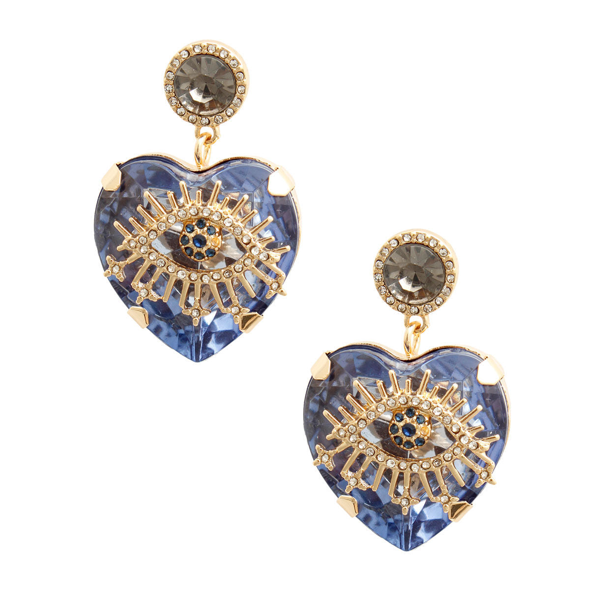 Blue Crystal Heart Evil Eye Earrings