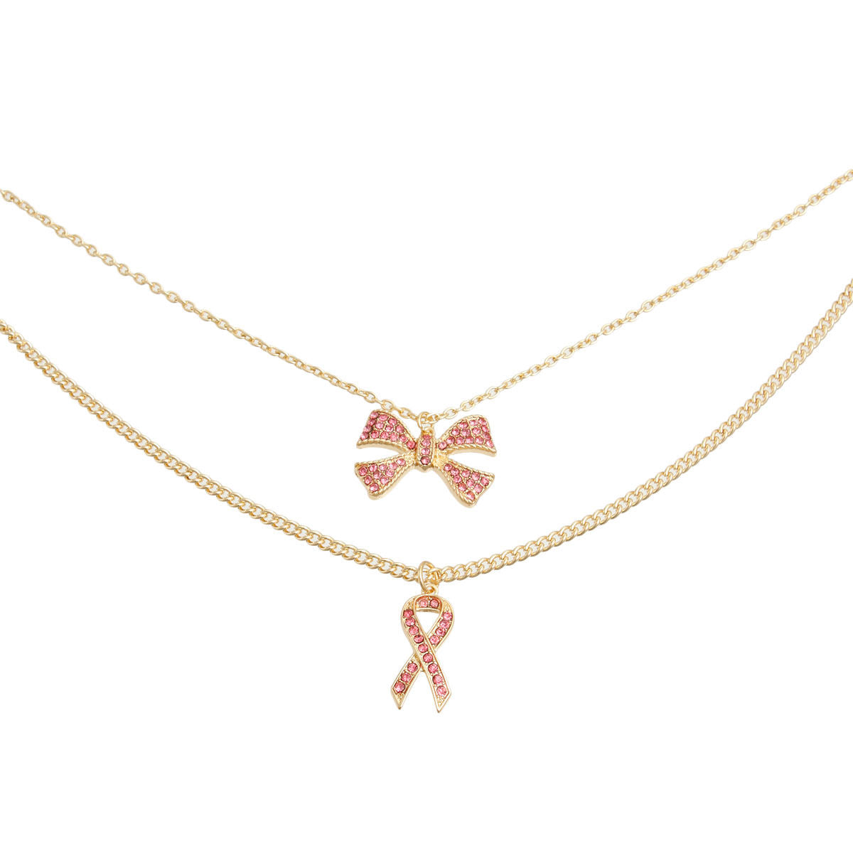 Pink Ribbon Double Layer Gold Necklace Set