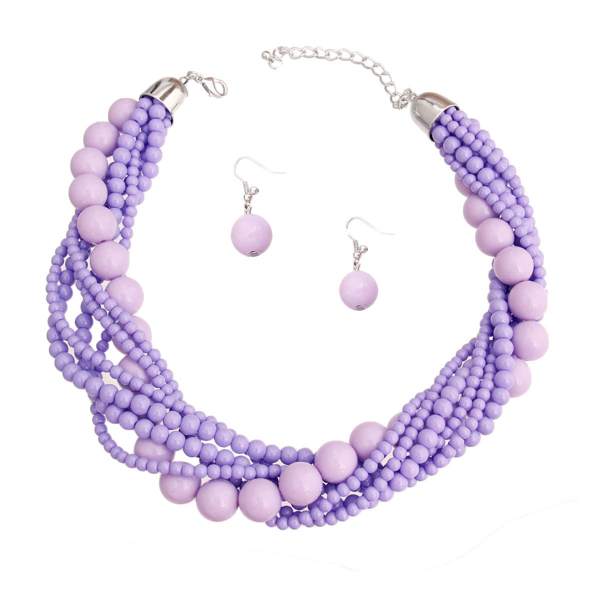 Silver and Lavender Bead Twisted Necklace Set