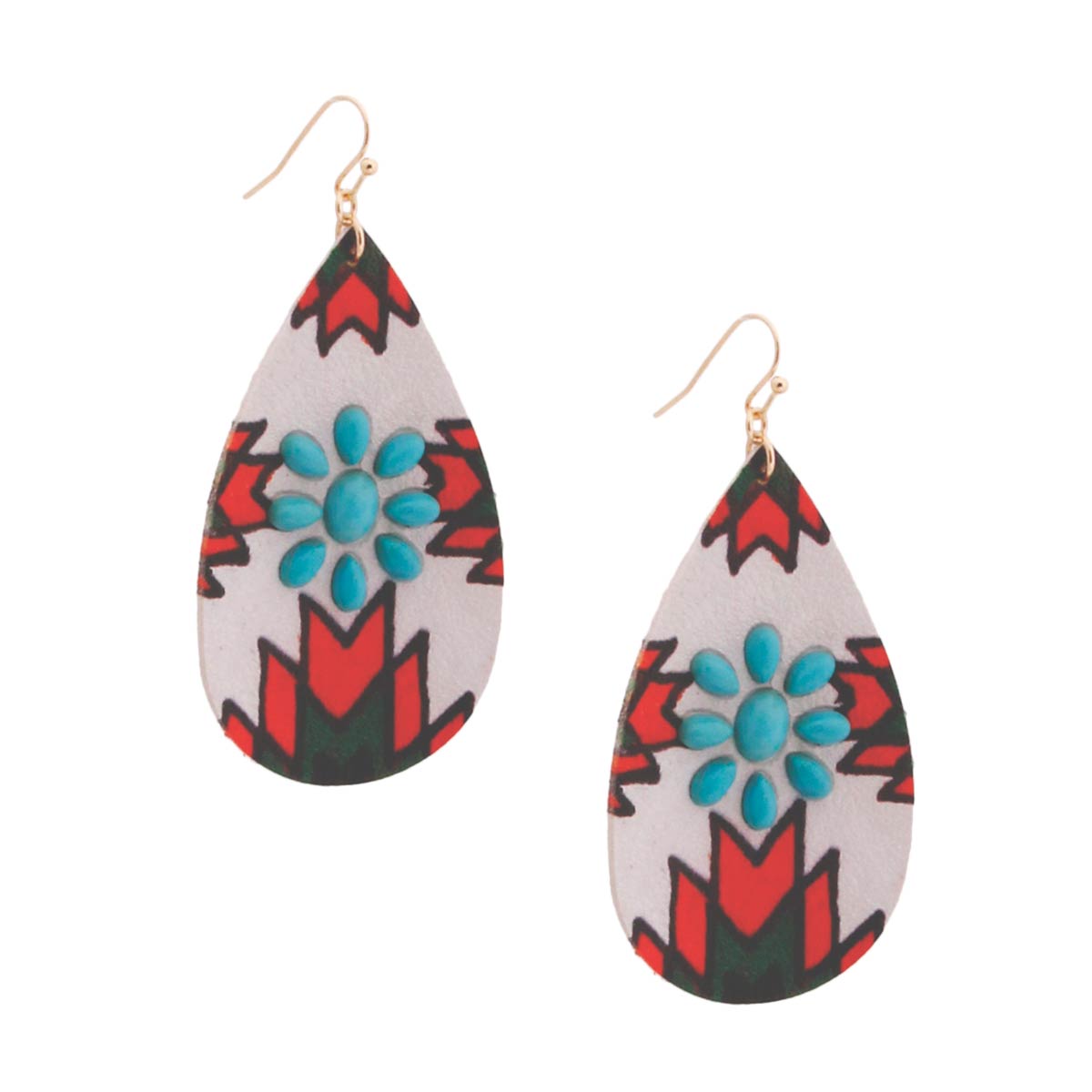 White and Red Western Teardrop Earrings