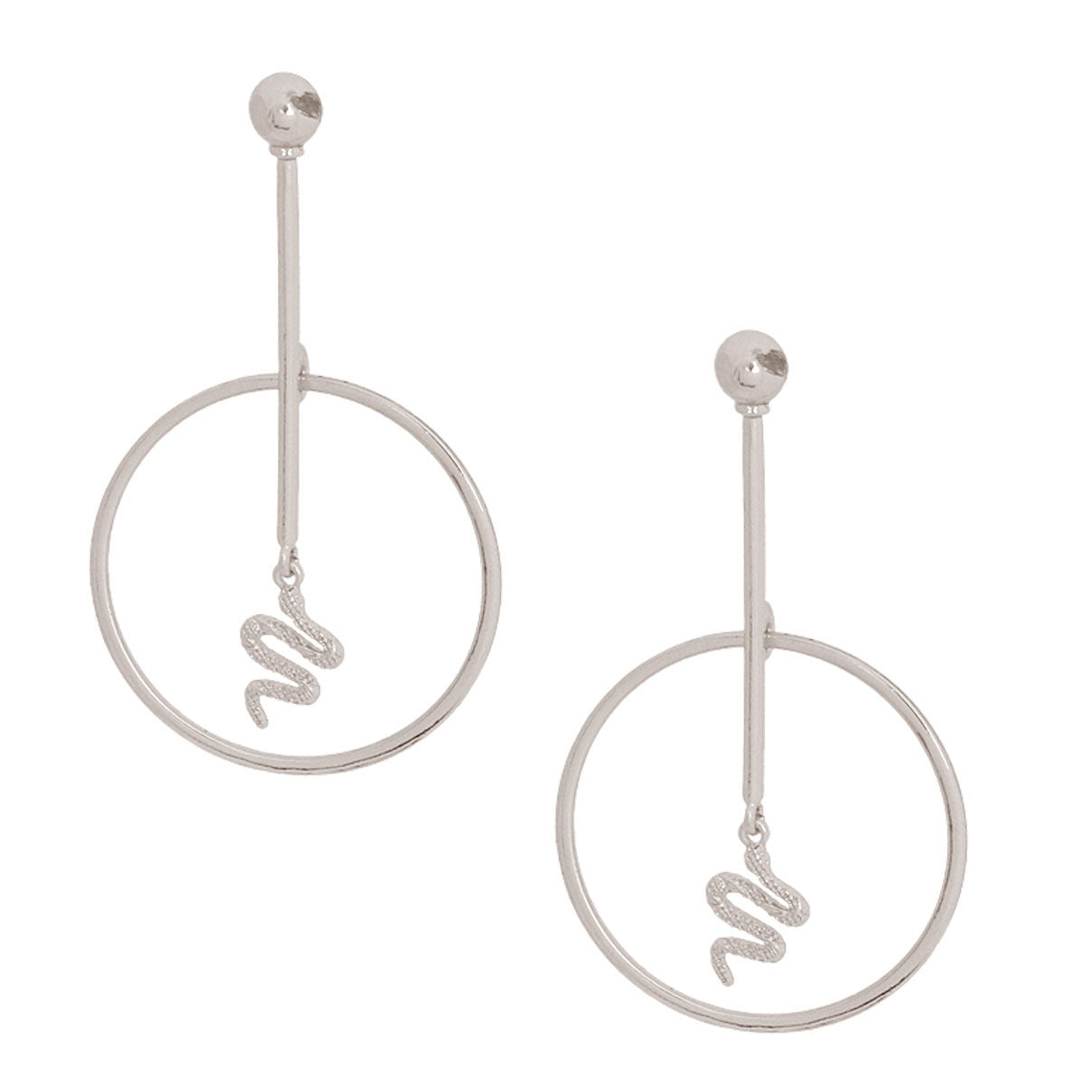 Silver Bar Round Snake Charm Earrings