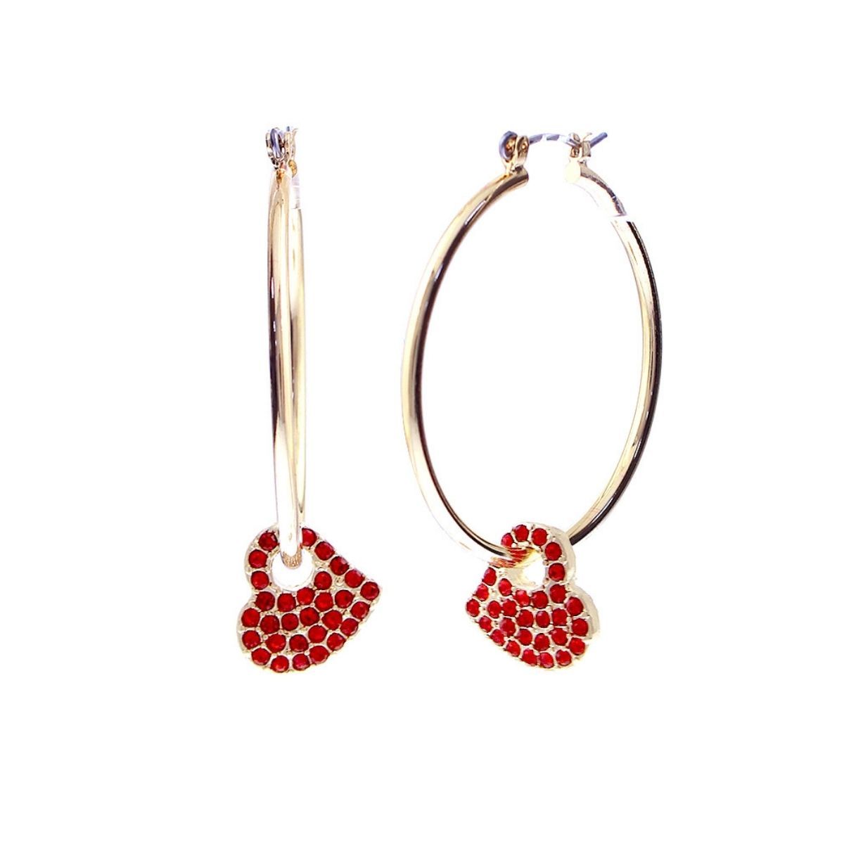 Gold Red Rhinestone Heart Charm Hoops