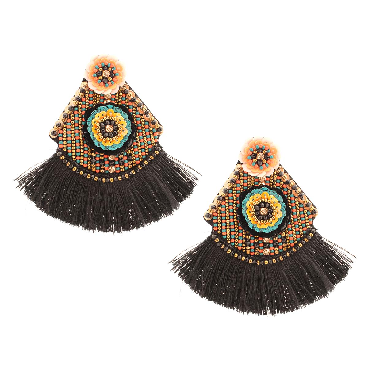 Floral Bead Black Tassel Earrings