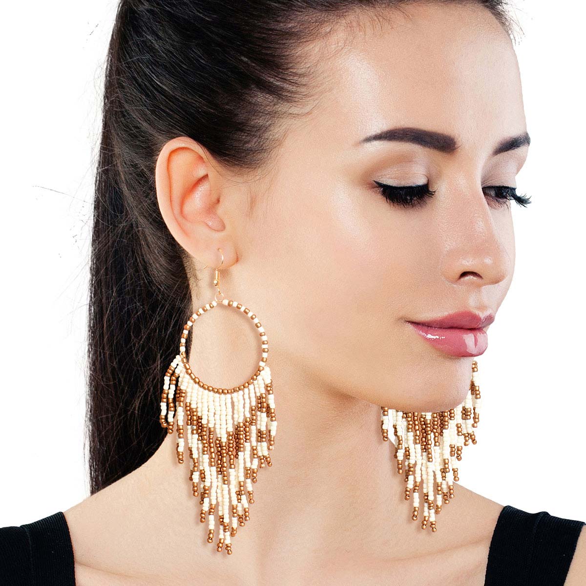 Cream and Gold Bead Fringe Circle Earrings