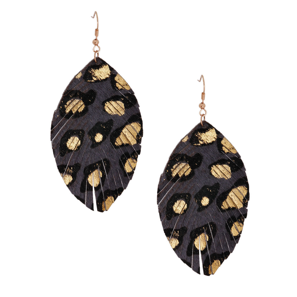 Gray Leopard Leather Feather Earrings