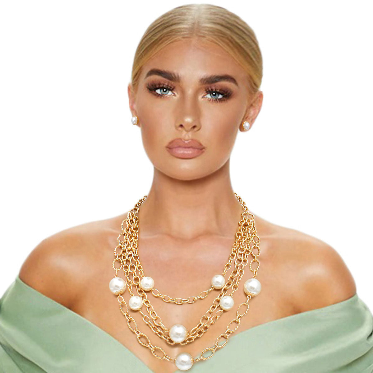 Cream Pearl 4 Layer Chain Link Necklace