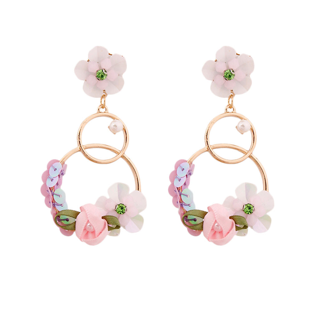 White Flower Double Drop Hoop Earrings