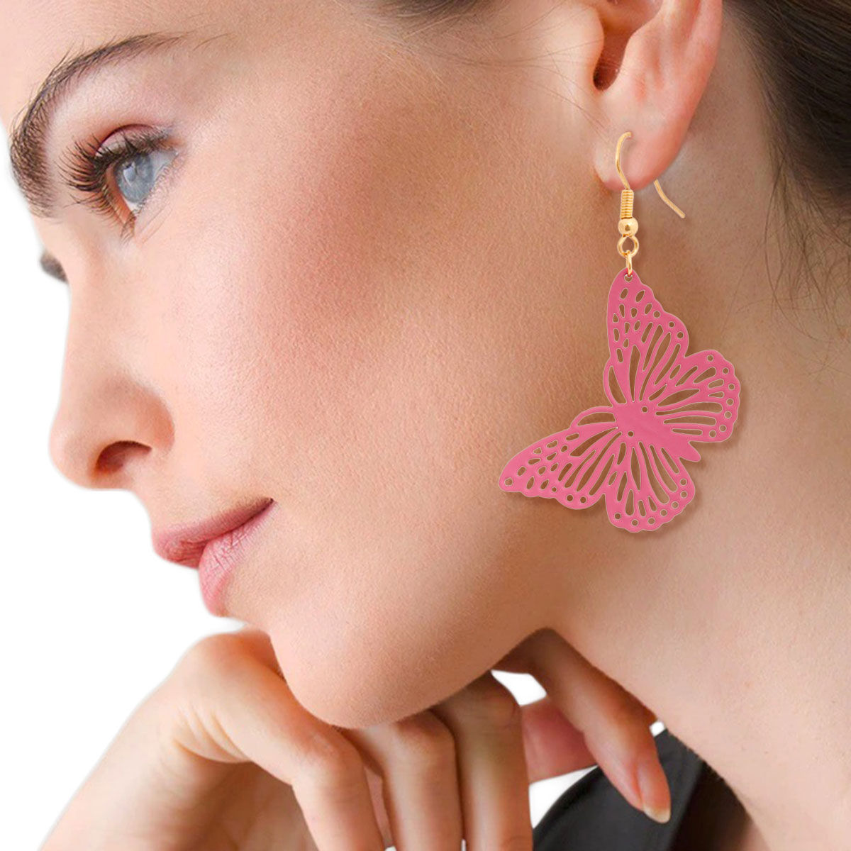 Pink Metal Butterfly Fish Hook Earrings