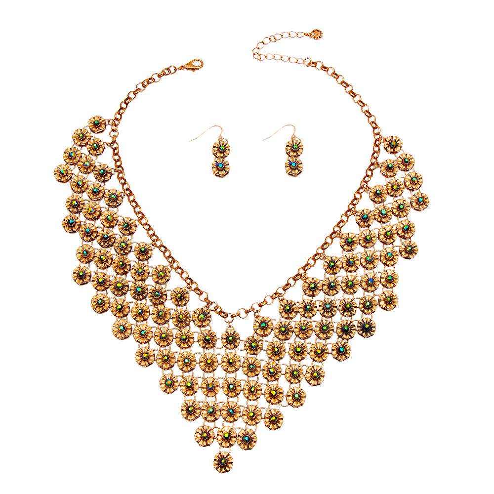 Burnished Gold and Rhinestone Flower Bib Necklace Set