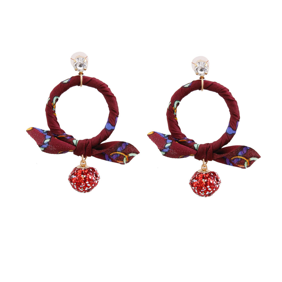 Burgundy Wrapped Ring Earrings Featuring Red Glitter Drop Ball