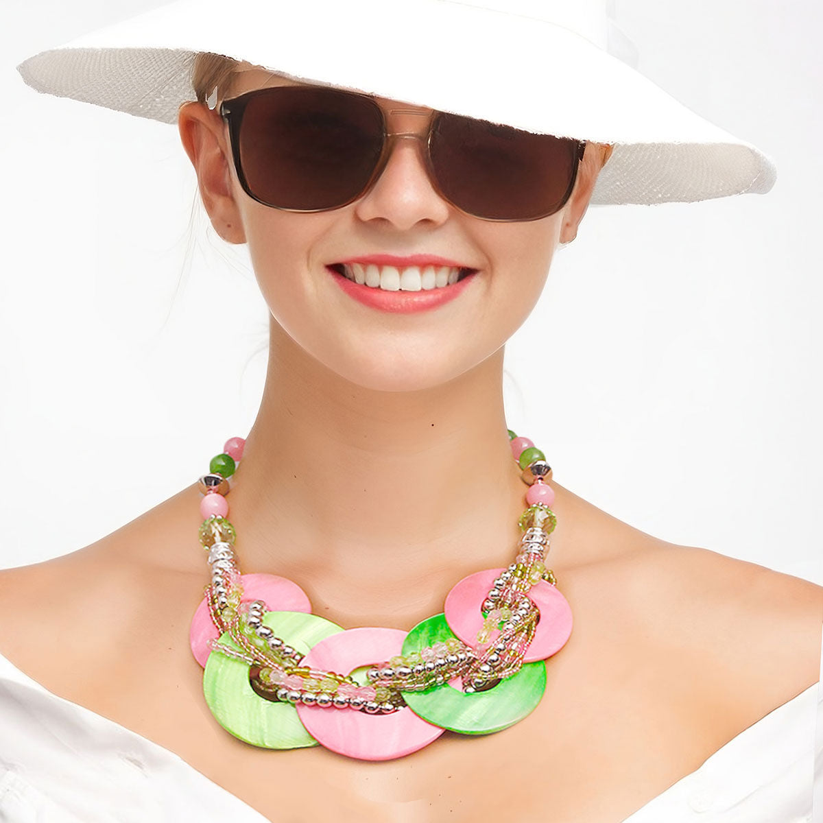 Pink and Green Beaded Disc Necklace Set