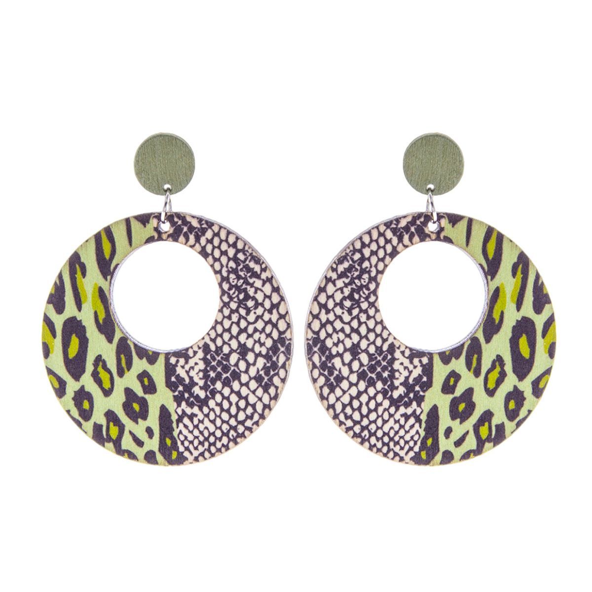 Green Wood Animal Print Earrings