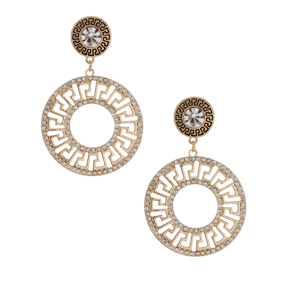 Gold Rhinestone Round Greek Key Earrings