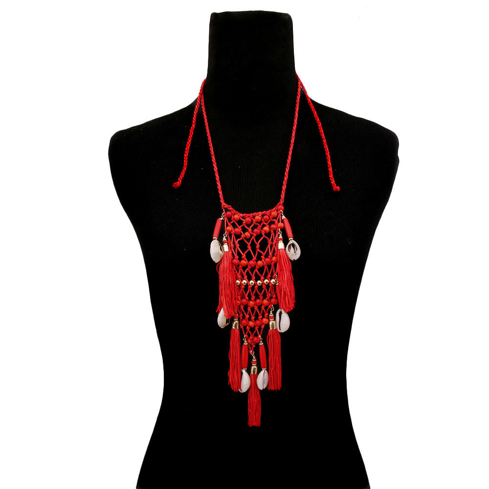 Red Braided String and Cowrie Shell Long Tassel Necklace