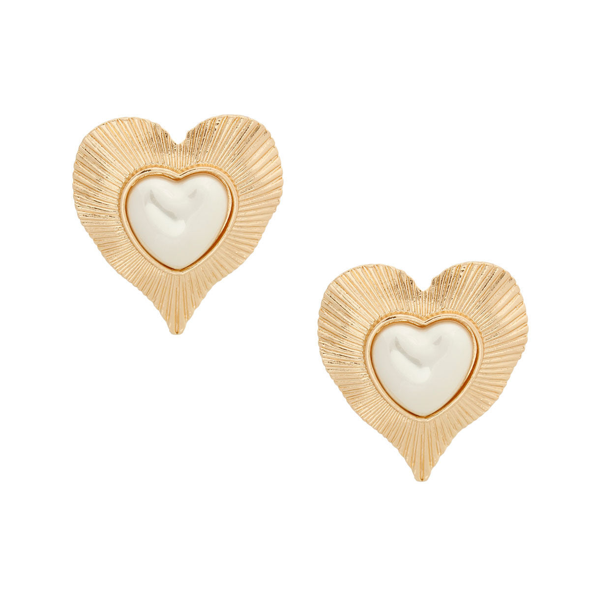 Gold Ribbed Heart Pearl Clip Ons