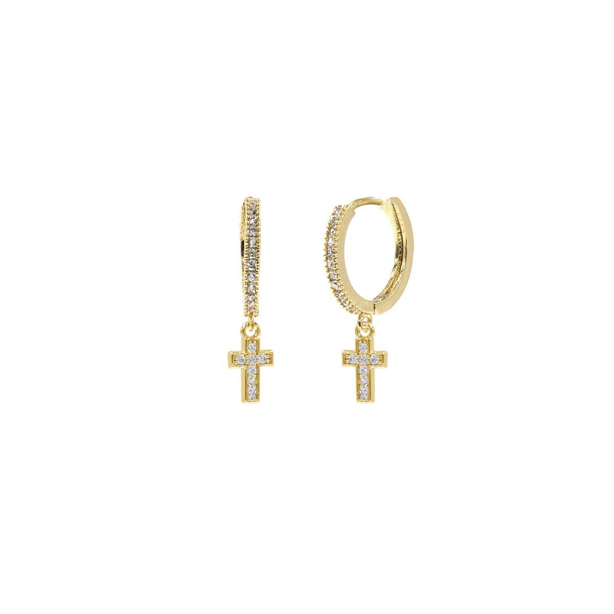 CZ Pave Gold Cross Huggie Hoops