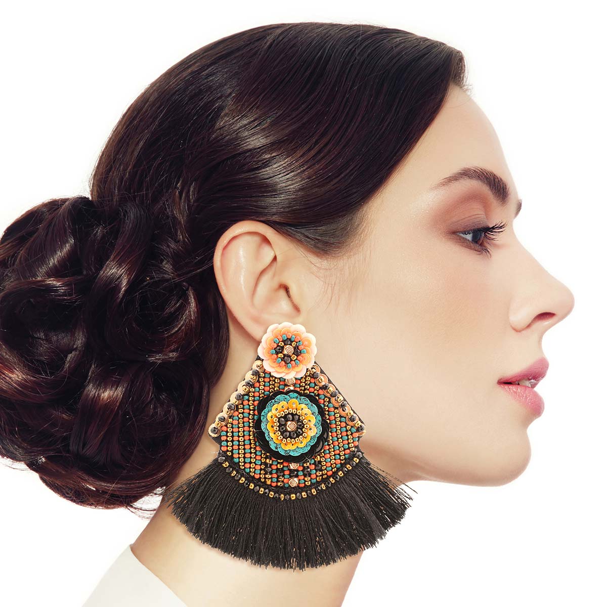 Floral Bead Black Tassel Earrings