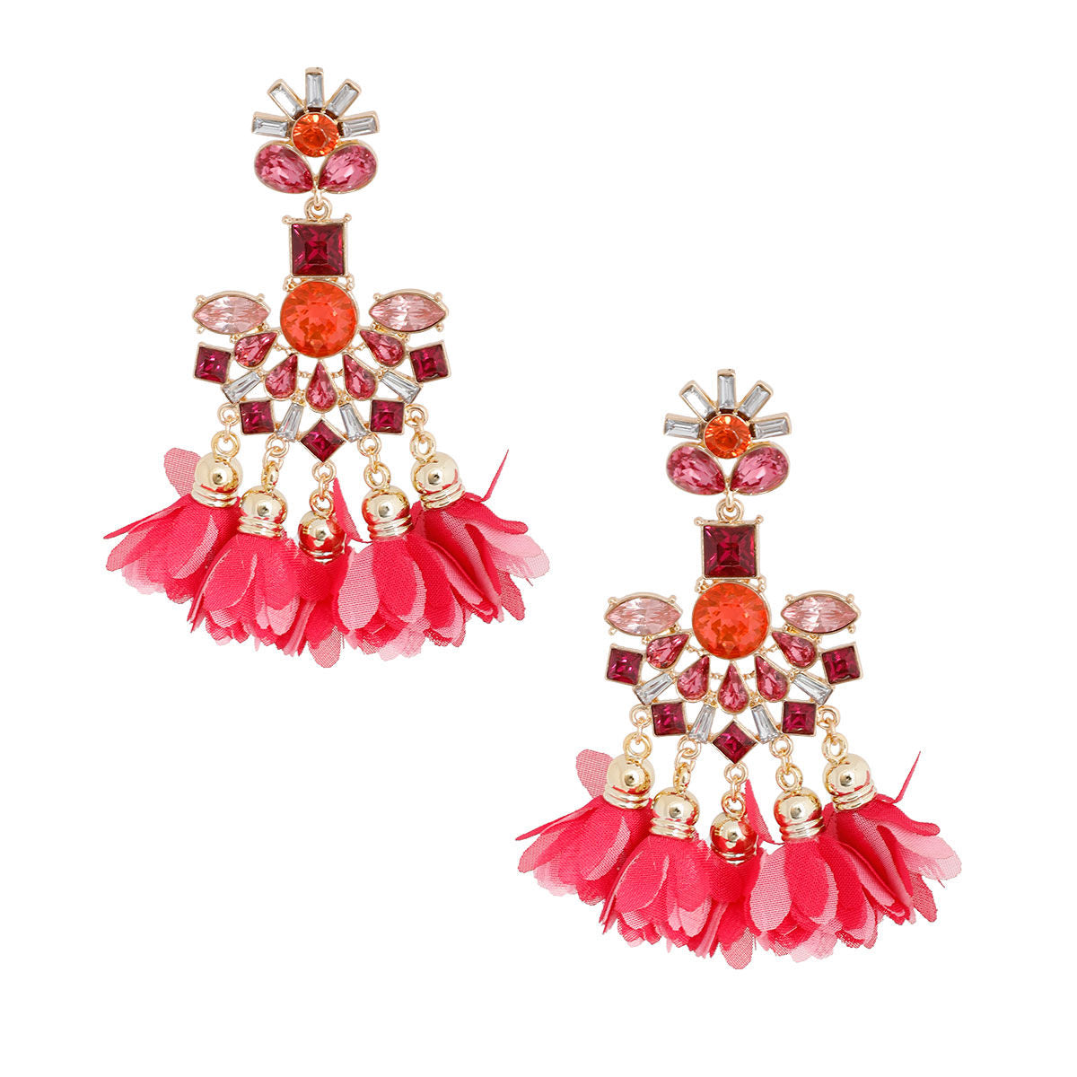 Pink Crystal Flower Tassel Earrings