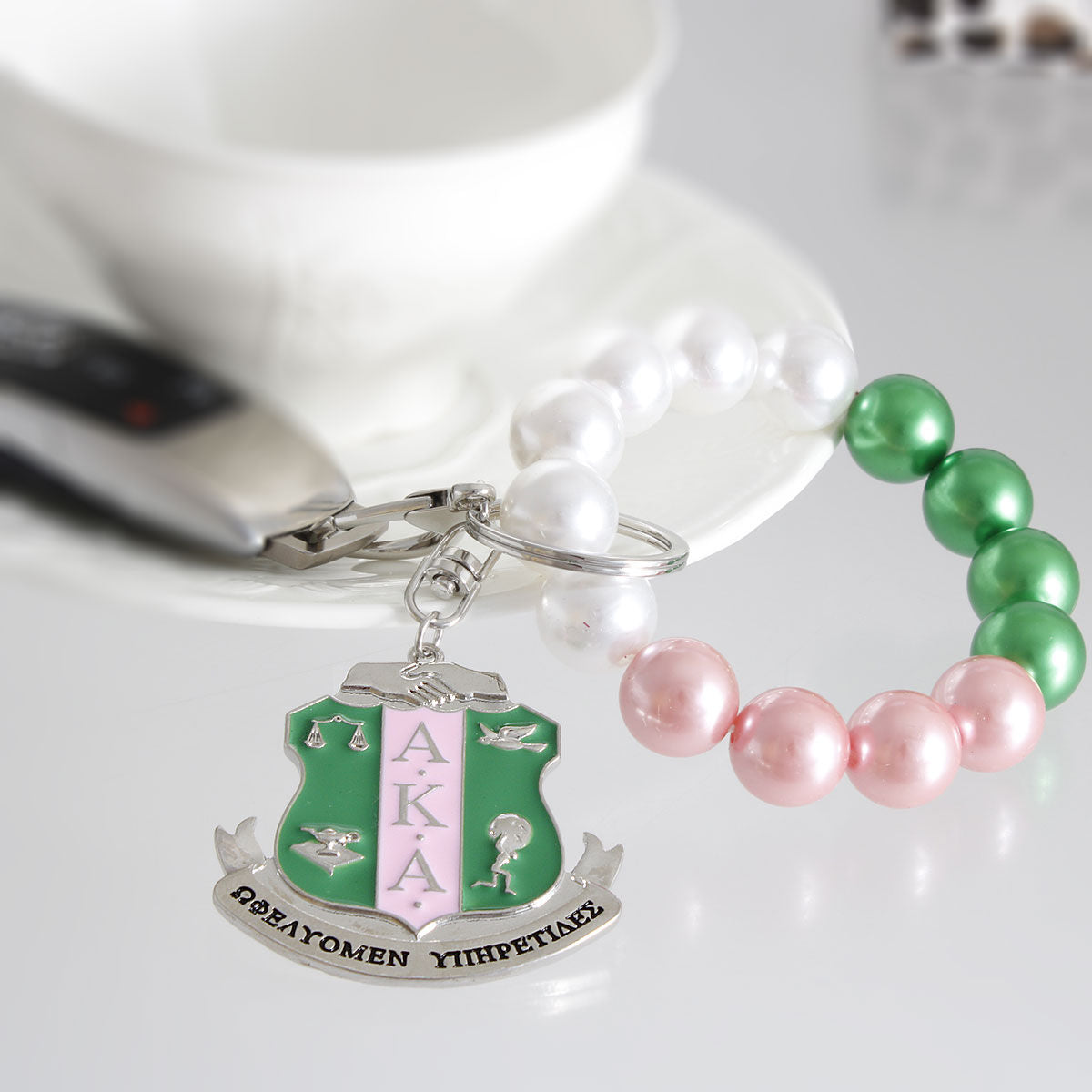 Pink Green Pearl Shield Keychain