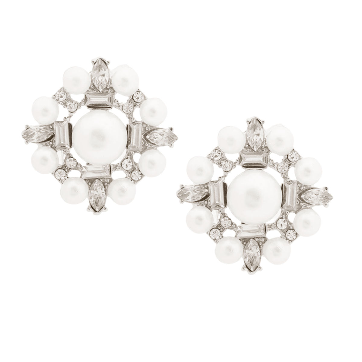 Silver Pearl Baguette Studs