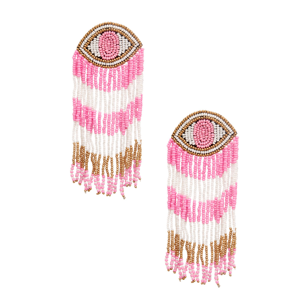 Pink Seed Bead Evil Eye Fringe Earrings