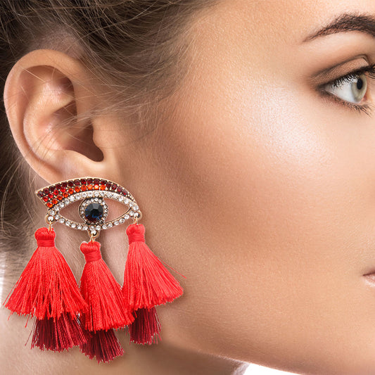 Red Evil Eye Tassel Earrings