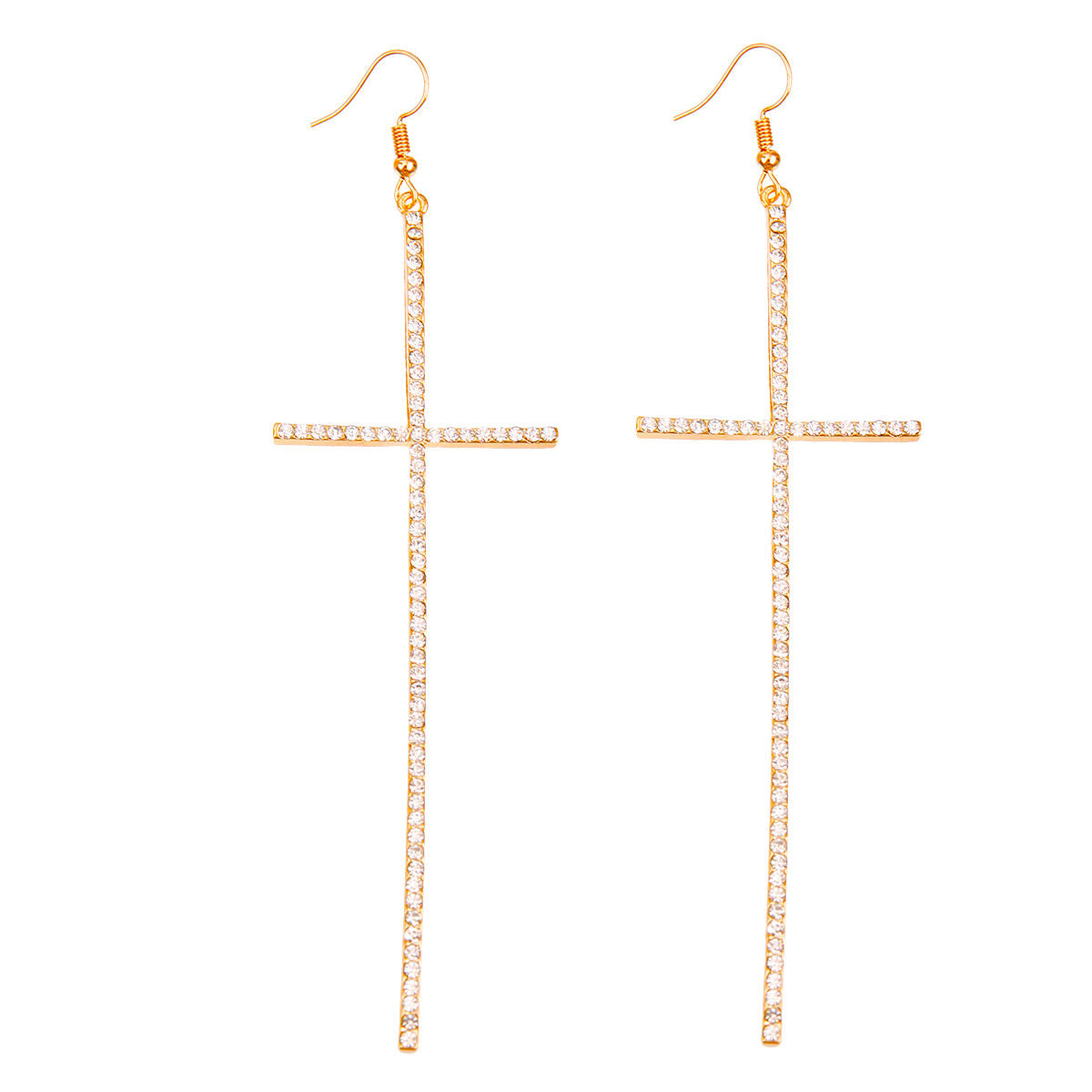 Pave Rhinestone Gold Cross Drop Earrings