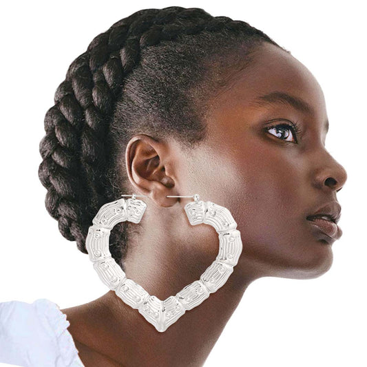 Silver Heart Bamboo Hoops