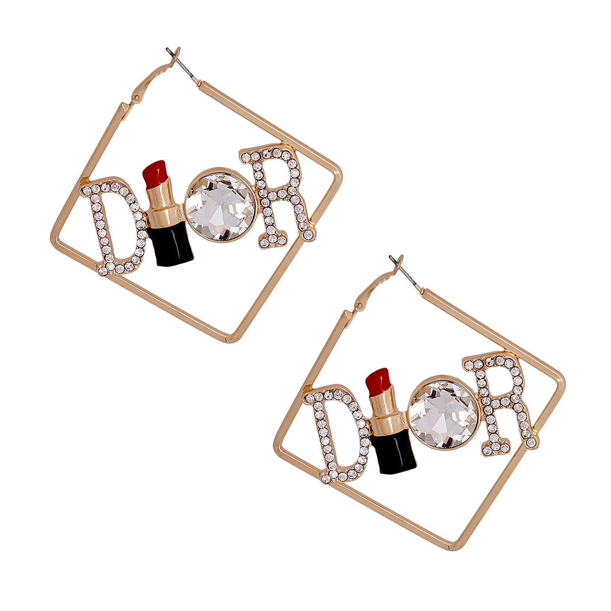 Gold Designer Red Lipstick Hoops