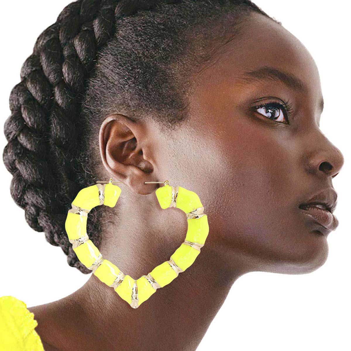 Neon Yellow Heart Bamboo Hoops