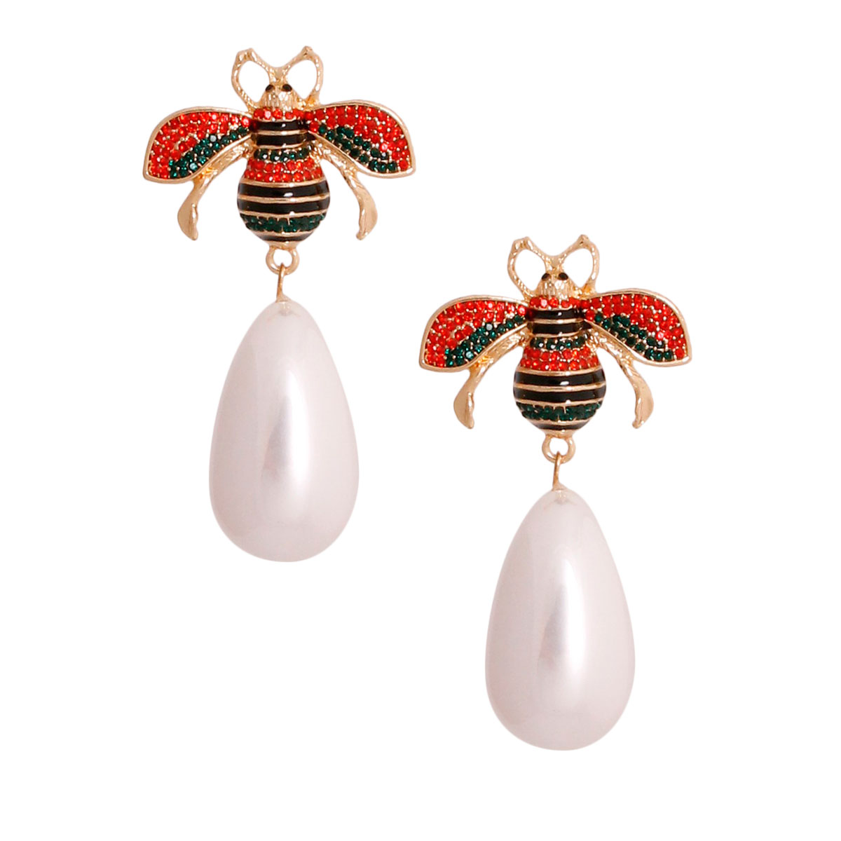 Red and Green Bee Pearl Teardrop Earrings