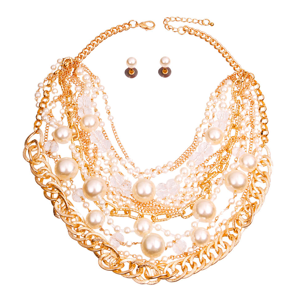 Pearls Beads and Gold Chains Necklace Set