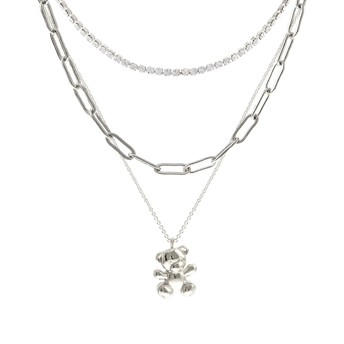 Silver 3 Pcs Teddy Bear Necklace