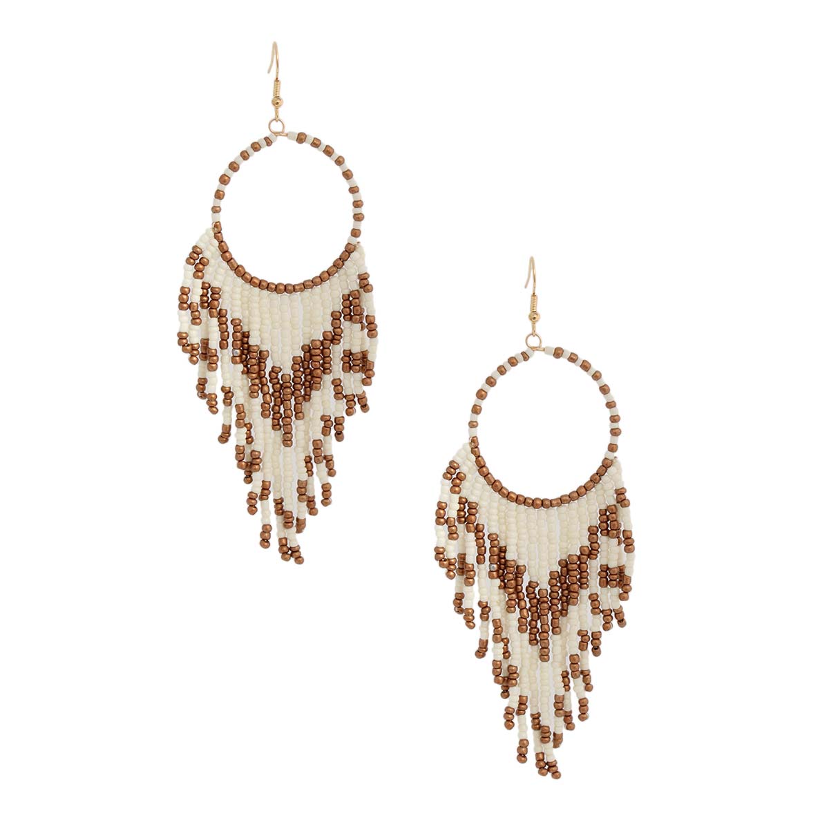 Cream and Gold Bead Fringe Circle Earrings