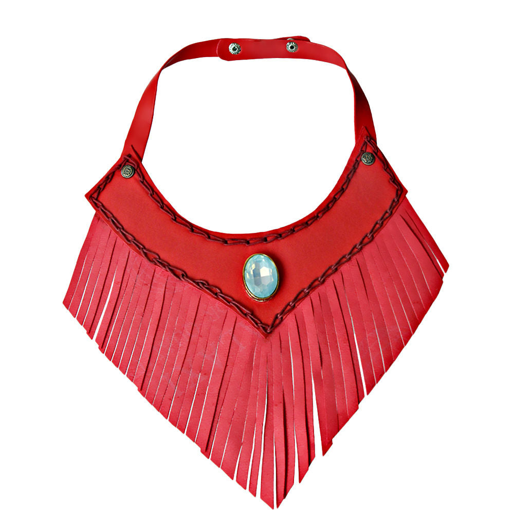 Red Leather Fringe Choker Necklace