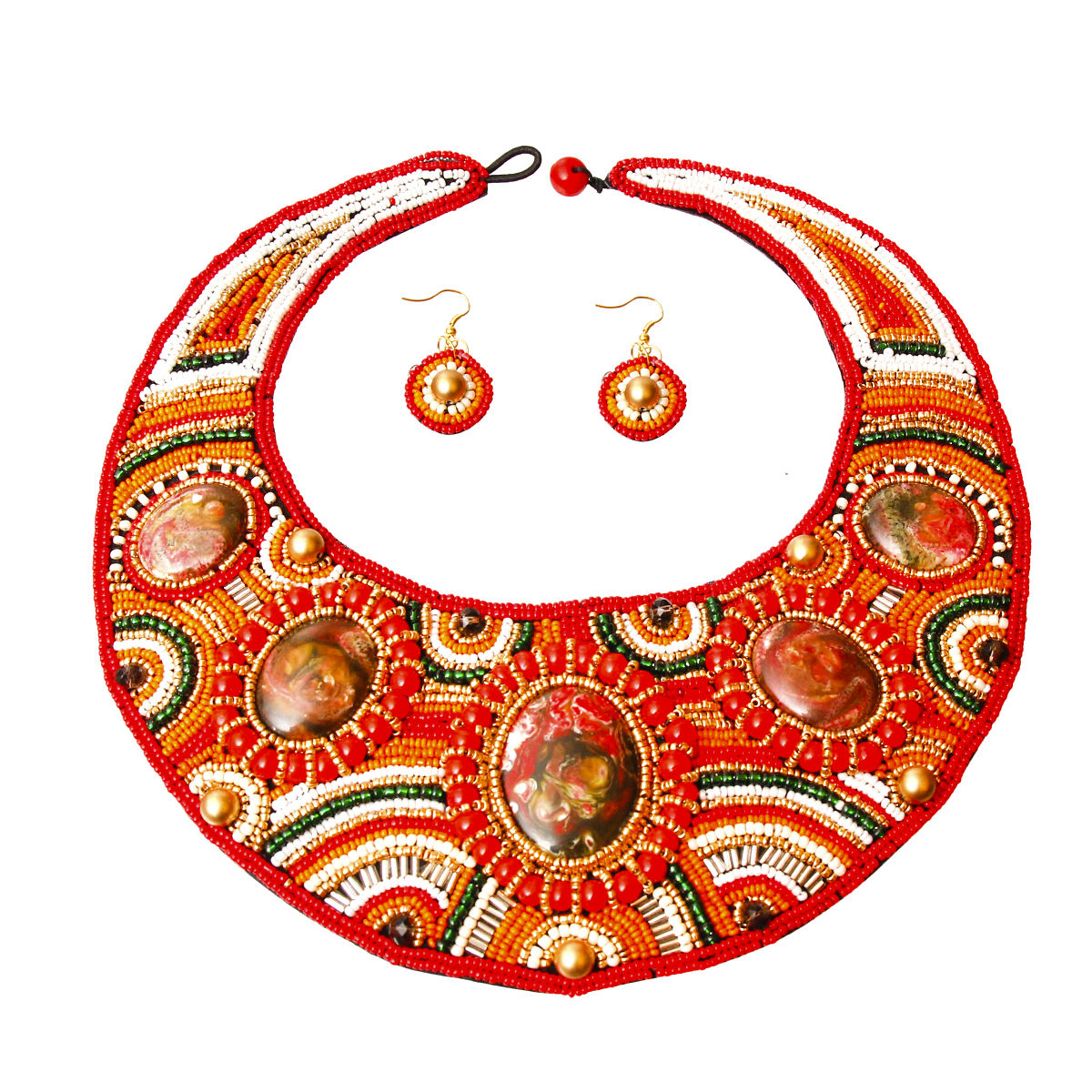 Red, White, and Orange Bead Round Collar Bib Necklace Set